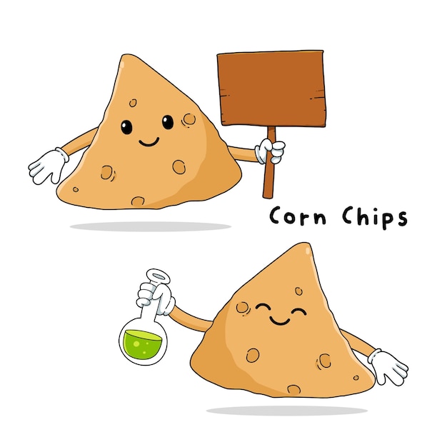 Set of cute corn chips cartoon mascot characters