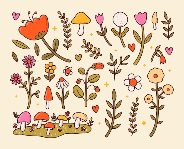 Vector set of cute cottagecore flowers mushrooms branches hand drawn fairy garden elements