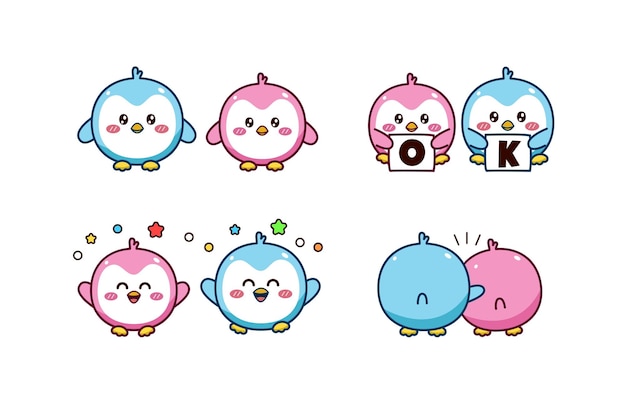 Set of cute couple blue and pink little penguin for social media sticker emoji say OK happy and hug