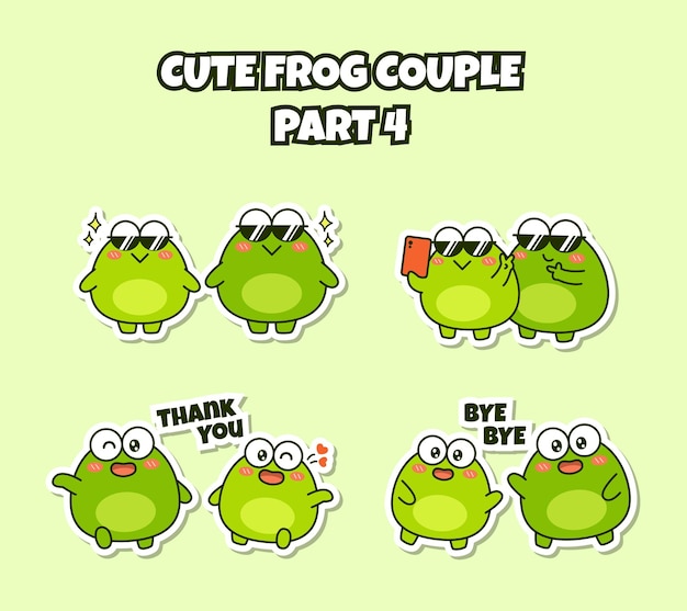 Set of cute couple frog sticker emoji wearing sunglasses take a picture say thank you and bye bye