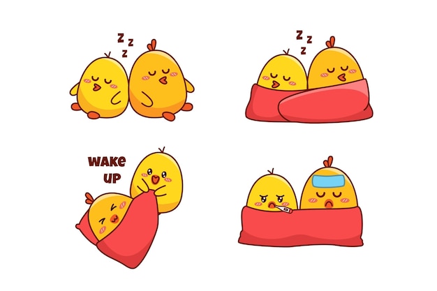 Set of cute couple little duck or little chick sticker emoji sleep sick and wake up emoticon