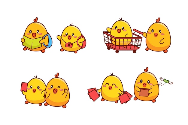 Set of cute couple little duck or little chick sticker emoji traveling shopping selfie no money