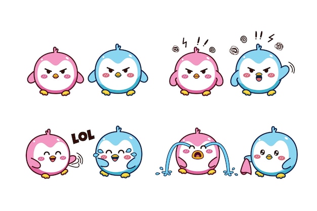 Set of cute couple little penguin for social media sticker emoji angry laughing out loud cry