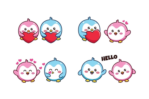 Set of cute couple little penguin for social media sticker emoji falling in love and say hello