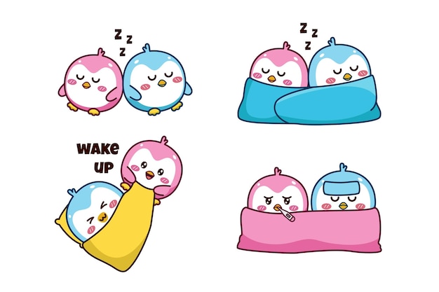 Set of cute couple little penguin for social media sticker emoji sleep sick and wake up emoticon