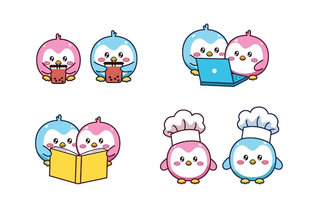 Set of cute couple penguin sticker emoji drink bubble tea watch on computer reading book chef