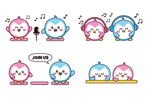 Set of cute couple penguin sticker emoji singing with headphone and microphone join us feel boring