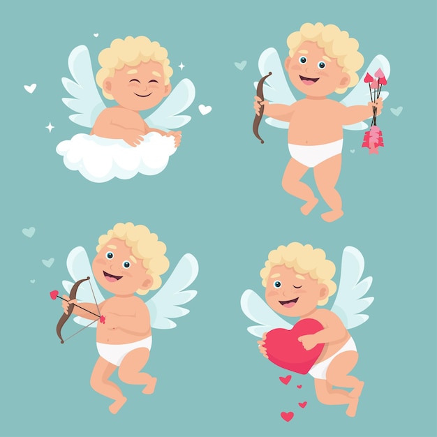 Set of cute cupid angels in different poses.