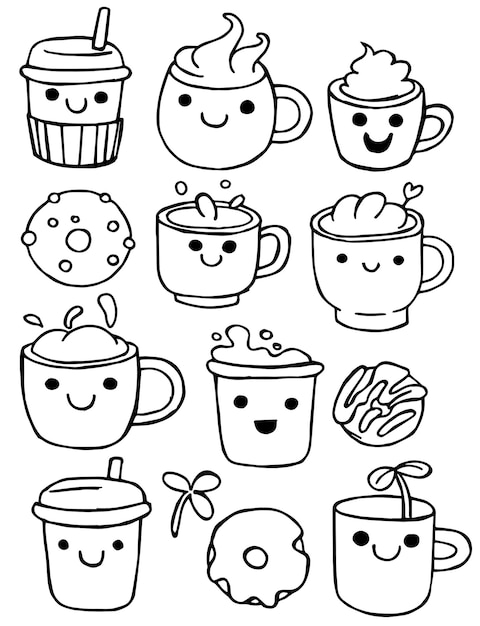 set of cute cups with coffee vector drawing in doodle style kawaii