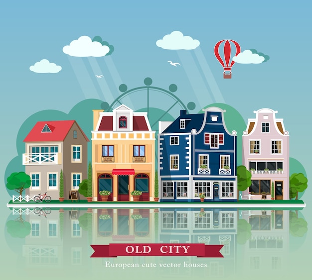 Set of cute detailed  old city houses. European retro  building facades.   illustration.