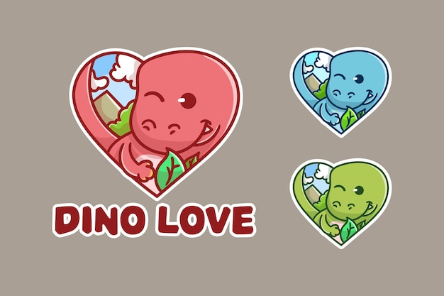 Vector set of cute dino heart mascot logo with optional appearance.