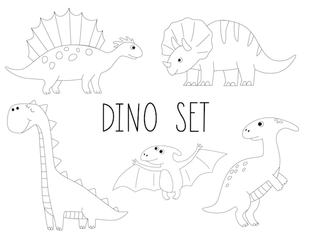 Set of cute dinosaur outlines in cartoon style Kids coloring book illustrations