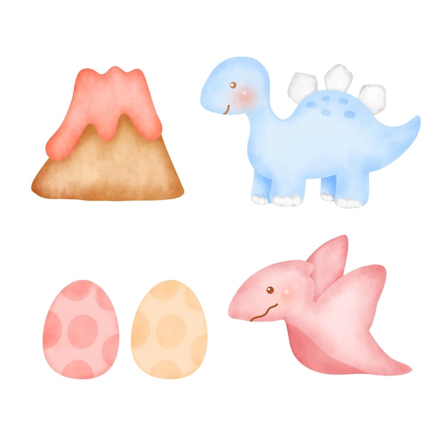 Set of cute dinosaur in watercolor style