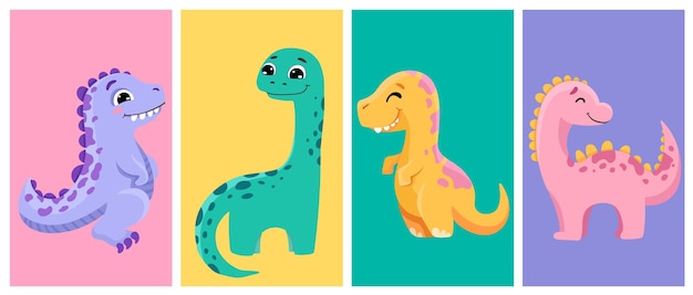 Set of cute dinosaurs posters for baby print design or nursery poster Vector cartoon illustration