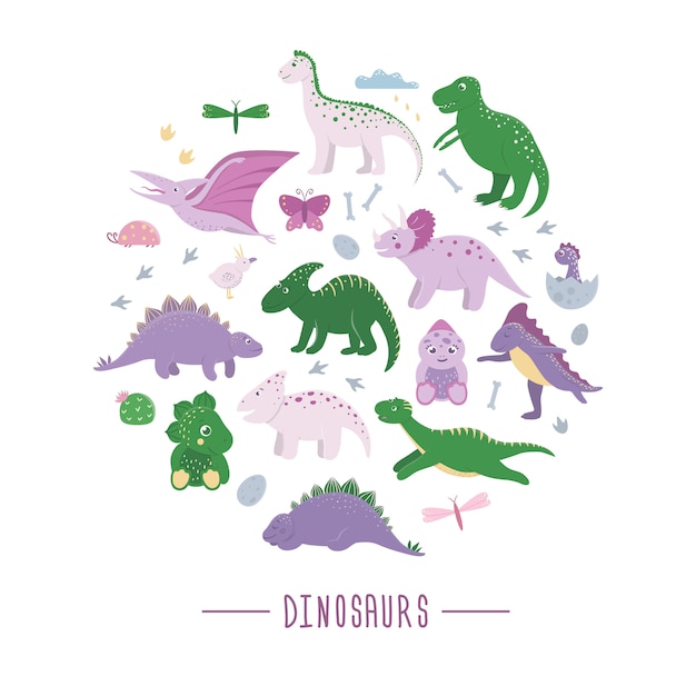  set of cute dinosaurs with clouds, eggs, bones, birds for children framed in circle. Dino flat cartoon characters concept. Cute prehistoric reptiles illustration.
