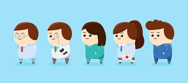 Set of cute doctor team cartoon hand drawn cartoon art illustration