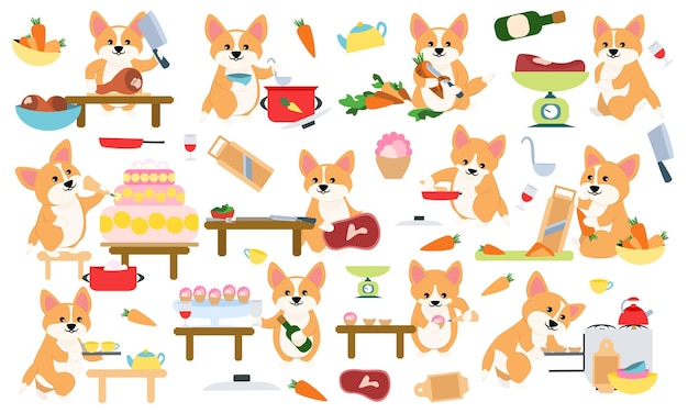 Set Cute dog corgi cooks are cooking in the kitchen