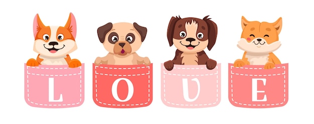 Set of cute dogs in a pocket with LOVE letters Collection of pets sitting inside pocket Funny