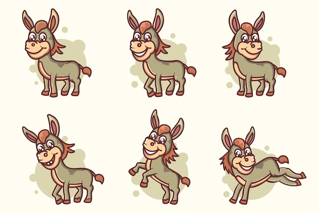 Set of cute donkey cartoon mascot character cute animal happy concept Isolated