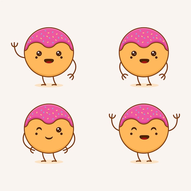 Set of cute donut doodle character cartoon mascot vector illustrations great for food themes kids and others