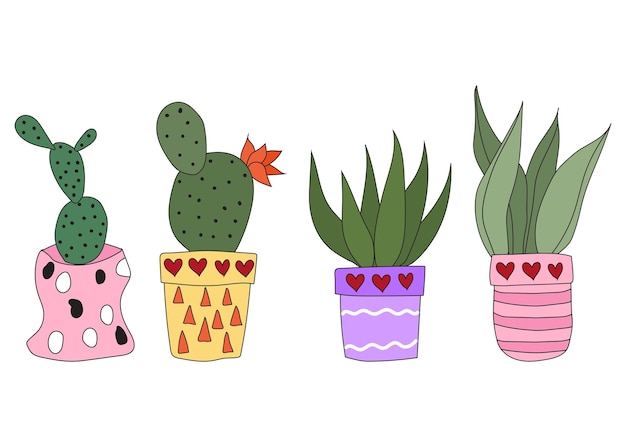 Set Cute doodle cacti in pots Vector illustration with cute indoor plants set of plants