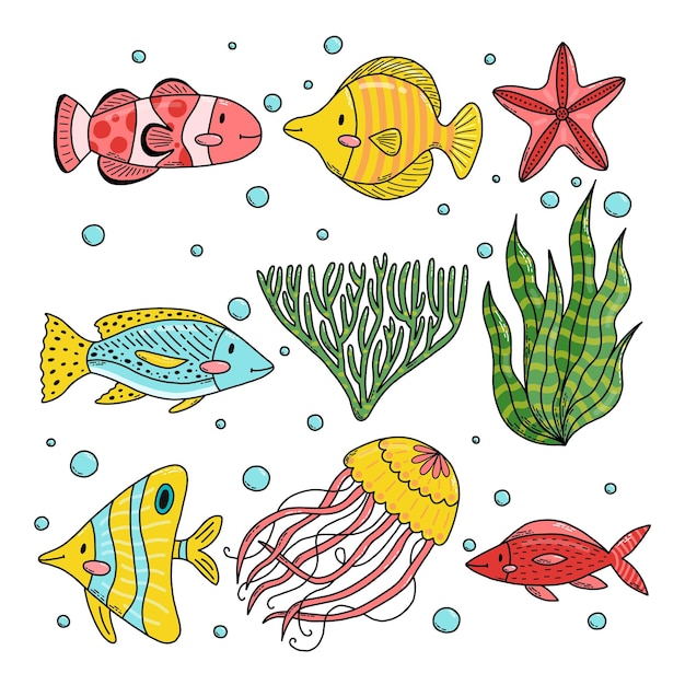 Set cute doodle cartoon sea fish jellyfish starfish algae Vector illustration