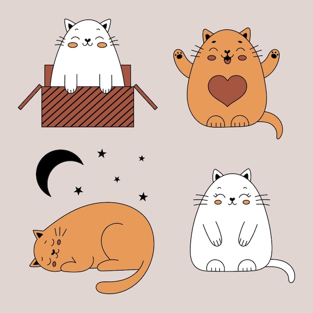 Set of cute doodle cats. Funny cats in a box. Vector illustration with pets