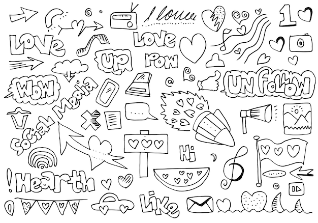 Set of cute doodle hand drawing on white background