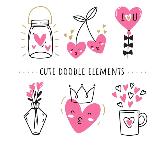 Set of cute doodle love elements