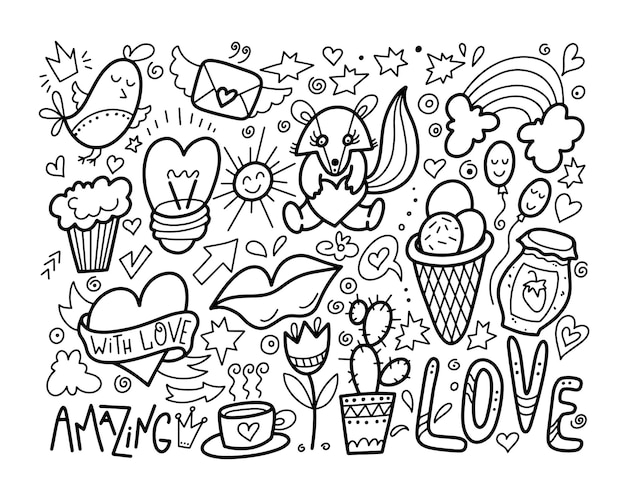 set of cute doodle modern elements - ice cream, rainbow, tea, skunk, bird, heart and star in black and white colors, vector illustration collection