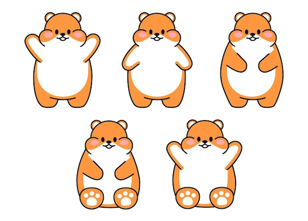 Set of cute drawn hamsters Kawaii hamster in different poses Collection of avatars mascots funny character animal stickers isolated on white background Vector stock illustration