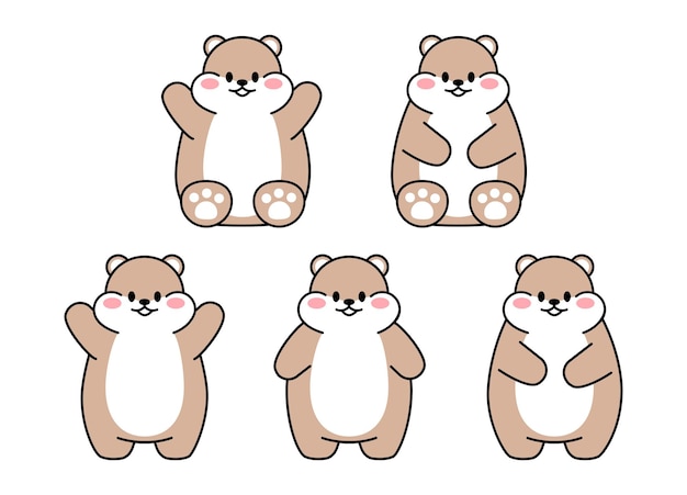 Set of cute drawn hamsters Kawaii hamster in different poses Collection of avatars mascots funny character animal stickers isolated on white background Vector stock illustration