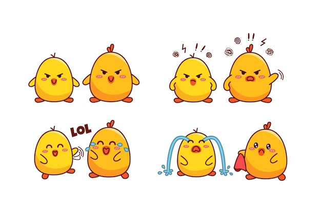 Set of cute duck or little chick for social media sticker emoji angry laughing out loud and cry