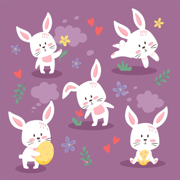 Set of cute Easter bunnies. Lovely little rabbits collection. cartoon flat style.