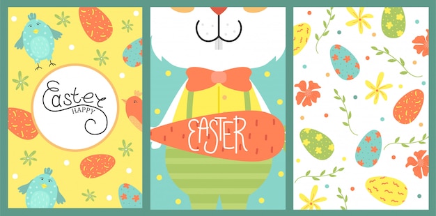 Set of cute  Easter card. Easter eggs, spring holiday. Greeting card