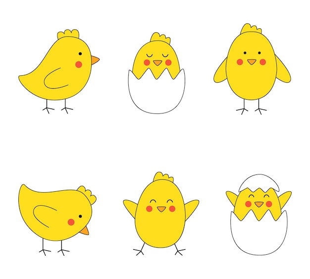 Set of cute Easter chickens in cartoon style on white background.