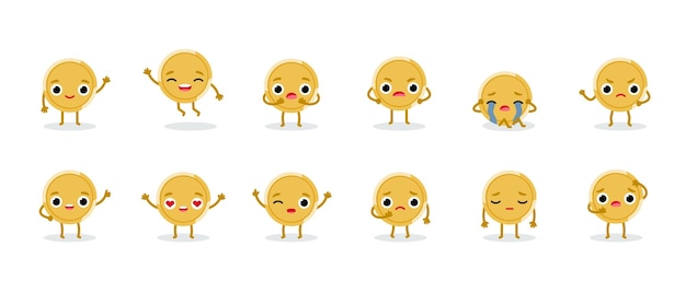 Set of cute emotional gold coin characters Funny vector cartoon money