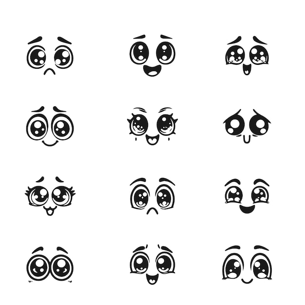 Vector set of cute eyes expressions kawaii faces cute faces cartoon eyes and mouth