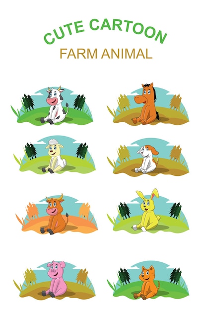 set of cute farm animals sitting on the grass cute farm animal illustration