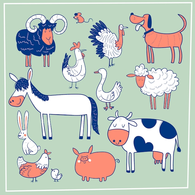 Set of cute farm animals. Vector hand drawn