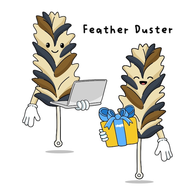 Set of cute feather duster cartoon mascot characters