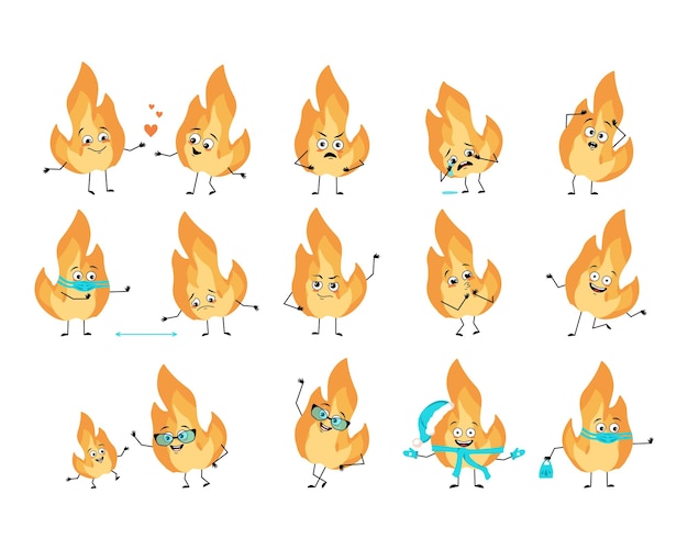 Set of cute flame character with happy or sad emotions panic loving or brave face hands and legs