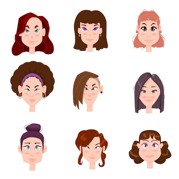 Set of cute flat women avatars with different hairstyles