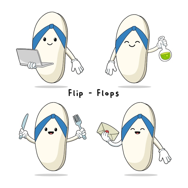 Set of cute flip flops cartoon mascot characters