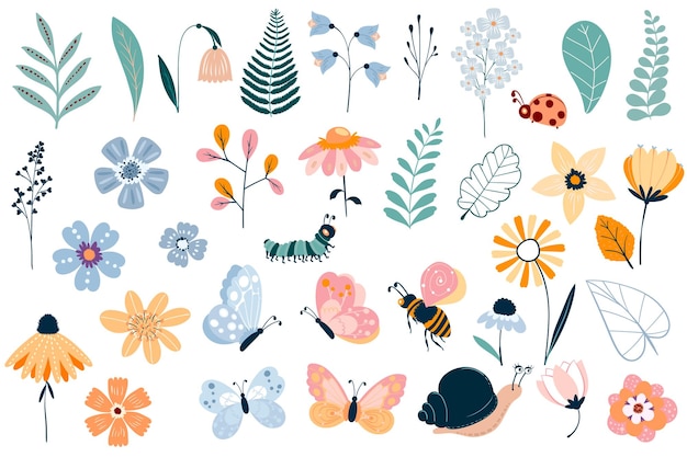 Set of cute flowers and leaves floral elements insects butterflies snails bees