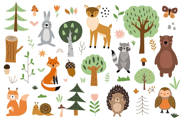 Set of cute forest animals with elements of nature on a white background Vector illustration for yo