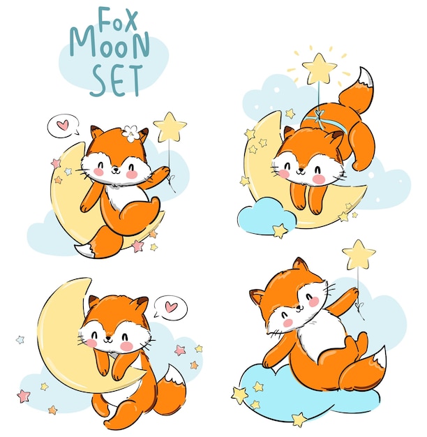 Set cute fox and moon Vector Illustration, Woodland animal, Print for baby pajamas textile