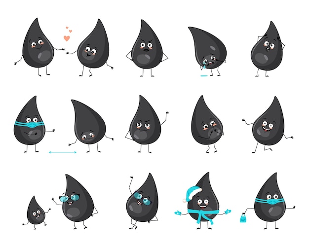 Set of cute fuel or gasoline drop character with happy or sad emotions panic loving or brave face hands and legs