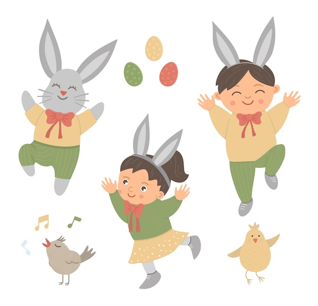  set of cute funny bunny and happy children with ears, colored eggs, chirping bird and chick. Spring funny illustration. Collection of design elements for Easter