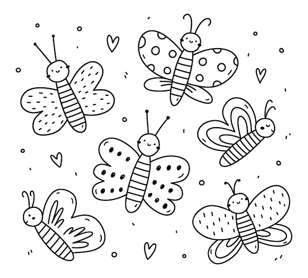 Set of cute and funny butterflies isolated on white background hand drawn doodle illustration